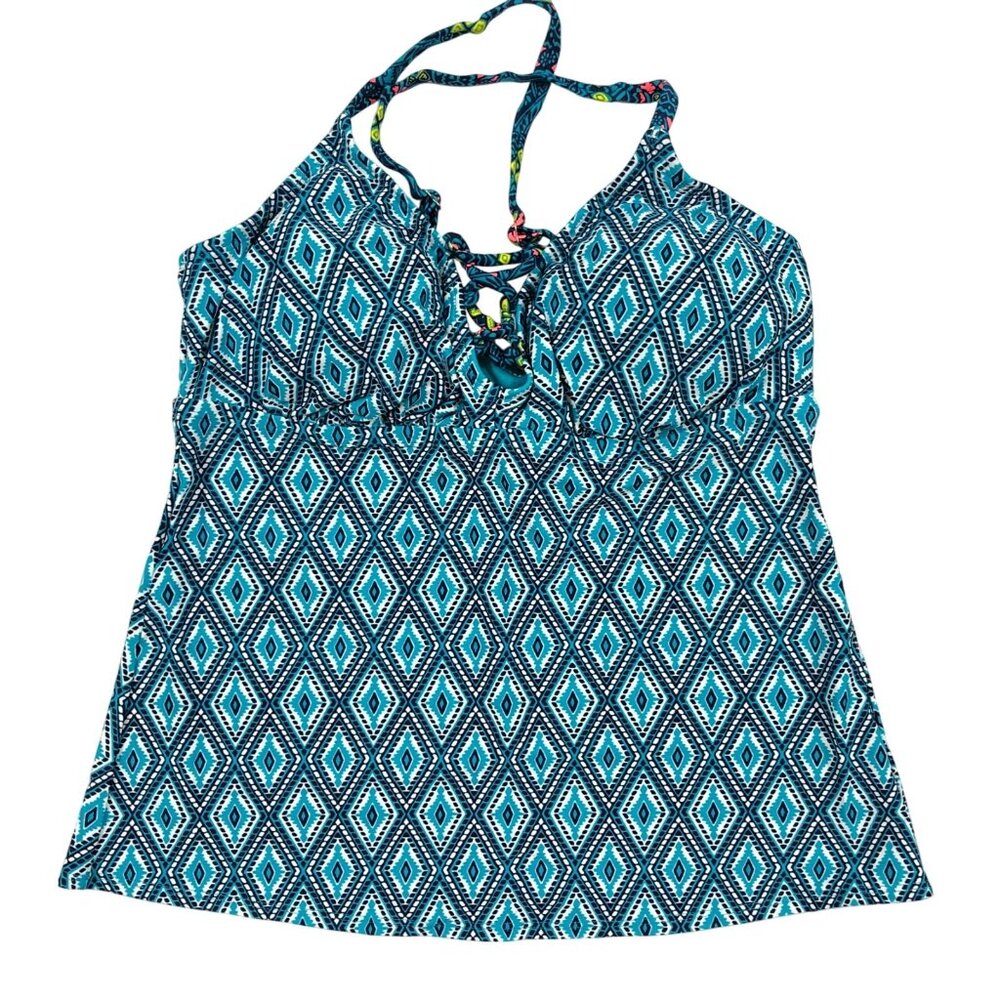 Coastal Blue Womens Tankini Top Lace Up Front Geometric Removable Cups Blue M